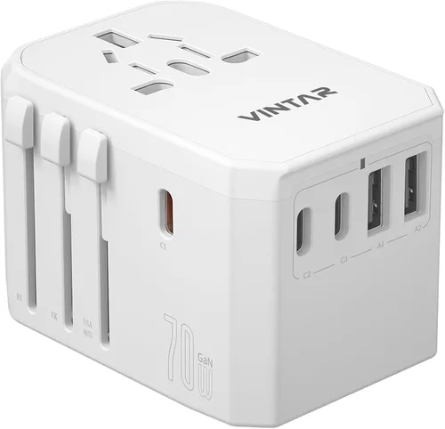 Vista 7 de VINTAR - Adaptador de viaje universal, adaptador de corriente internacional GaN de 70 W con 5 puertos USB (3 USB-C), adaptador de enchufe de viaje