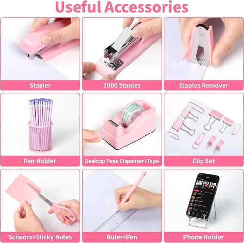 Vista 3 de Accesorios y organizadores de escritorio de oficina rosados, suministros de oficina para escritorio para mujeres, grapadora, 1000 grapas, removedor