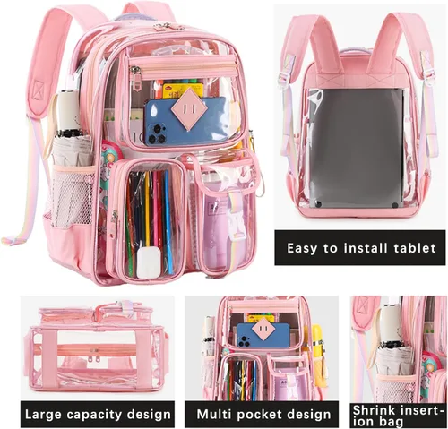 Vista 3 de Mochila transparente para escuela, resistente de PVC, transparente, bolsa transparente para libros aprobada por estadios, mujeres y niñas, Rosado