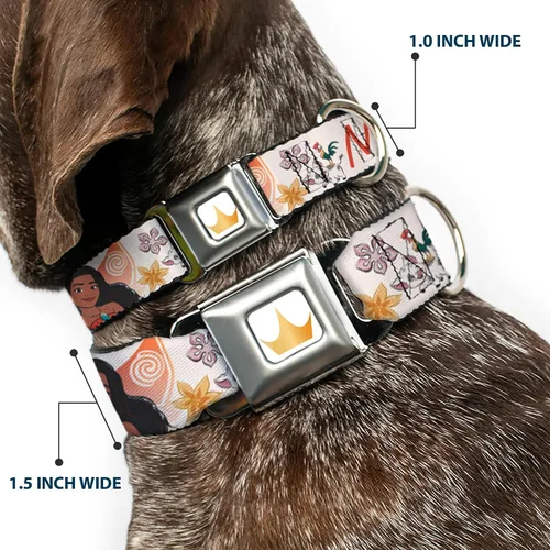 Vista 2 de Collar de perro con hebilla de cinturón de seguridad Moana con Pua y HEI HEI Sail Pose con Script Beige Naranja 9.5 a 13 pulgadas 1.0 pulgadas