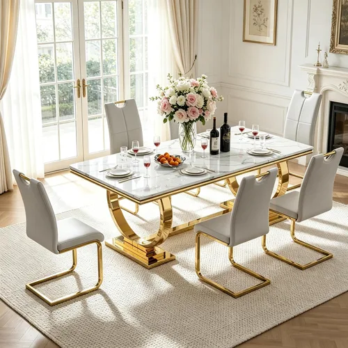 Vista 23 de Juego de mesa de comedor de mármol para 4, mesa de cocina rectangular de mármol blanco de 70 pulgadas con base en O de acero inoxidable dorado