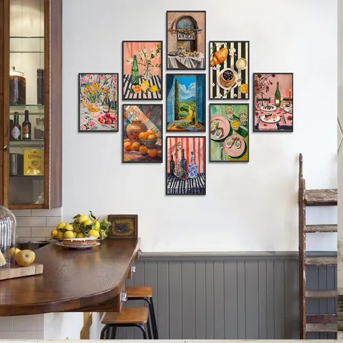 Vista 2 de 9 piezas de arte de pared de cocina coloridos alimentos para decoración de pared, fotos, bebidas, frutas, bar, carrito, lienzo, impresiones