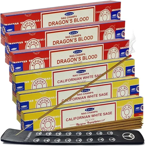 Vista 10 de Varillas de incienso de Sangre de Dragón y Palo Santo con soporte, paquete de variedad de la marca House of Nag Champa y Trumiri