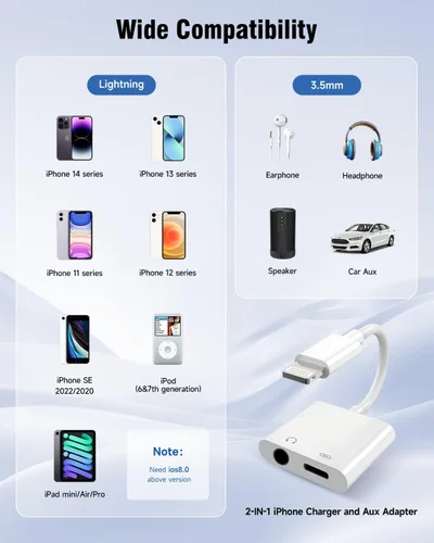 Vista 5 de Apple MFi Certificado - Adaptador 2 en 1 Lightning a conector de auriculares de 3.5mm, cargador rápido y divisor de audio auxiliar dongle
