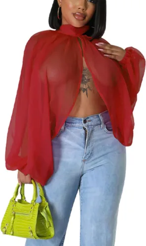 Vista 14 de Tops Sexys para Mujer Fiesta Club Noche con Mangas de Murciélago de Gasa Transparente con Lazo Trasero en la Parte Frontal Camisas de Mujer Casuales