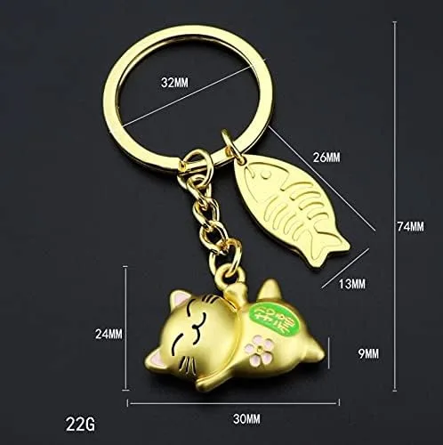 Vista 3 de LinaLife Llavero de metal Maneki Neko Lucky Cat Llavero con colgante de oro de la suerte, gatito Feng Shui, Maneki Neko Lucky Cat llavero