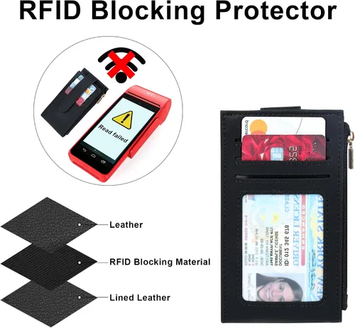 Vista 6 de Chelmon Cartera de mujer delgada con bloqueo RFID, billetera plegable con varios compartimientos para tarjetas con bolsillo con cremallera, Negro