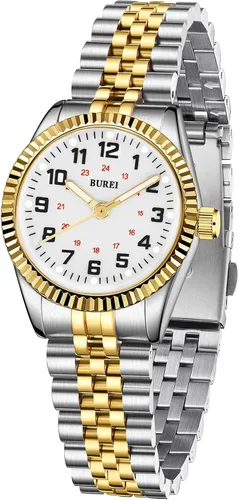 Vista 14 de BUREI Reloj de negocios para mujer con fecha de día, movimiento de cuarzo analógico, pulsera de acero inoxidable de oro plateado, reloj de moda