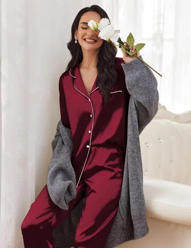 Vista 3 de Ekouaer Conjunto de pijama de satén largo clásico de verano para mujer