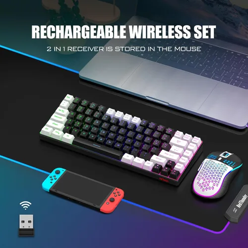 Vista 2 de RedThunder Combo de teclado y mouse inalámbricos K84, batería recargable retroiluminada arco iris, 75% de diseño TKL ultra compacto teclado