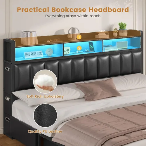 Vista 4 de ADORNEVE Base de cama tamaño King con 10 cajones de almacenamiento y cabecera tipo estantería RGB, cama King tapizada en PU con estación de carga
