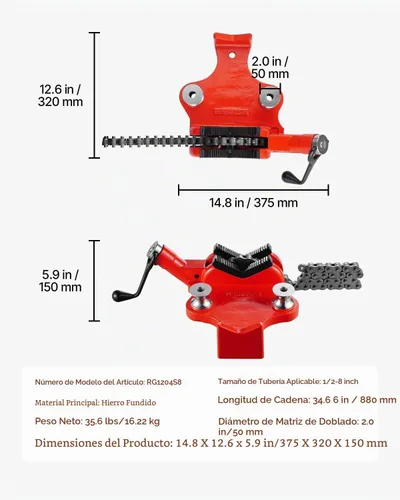 Vista 7 de VEVOR Mordaza de cadena de tubo resistente, capacidad de tubo de 1/2" a 8", cadena robusta de 34.6" y base de hierro fundido, sujeción de tubo