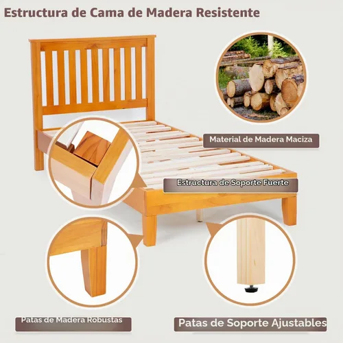 Vista 3 de PayLessHere Marco de cama de plataforma de madera, tamaño individual, marco de cama de madera maciza con cabecero, soporte de listones de madera,