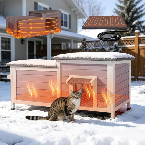 Vista 7 de Outdoor Cat House Weatherproof 2-Room Weatherproof Shelter 34" L