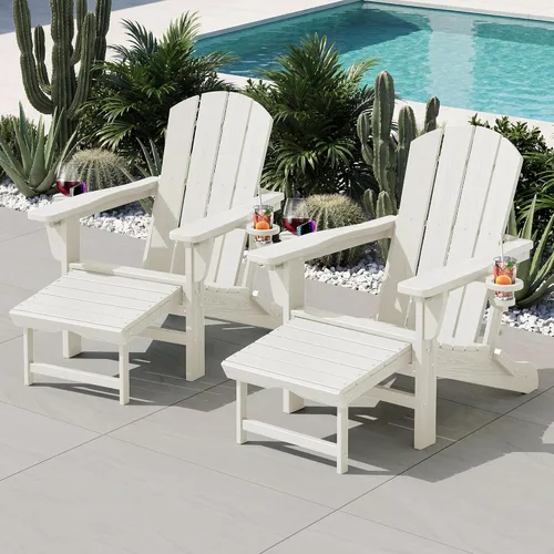 Vista 2 de KINGYES Silla Adirondack plegable ajustable con otomana y 2 portavasos, silla reclinable Adirondack de polietileno de alta densidad con reposapiés