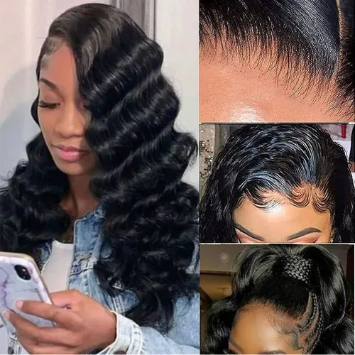 Vista 2 de Pelucas sueltas de cabello humano ondulado profundo con encaje frontal, prearrancado, pelucas de encaje frontal de 13 x 4 para mujeres negras
