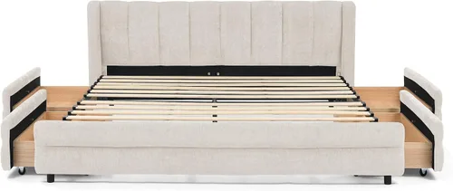 Vista 9 de DEINPPA Bastidor de cama tamaño Queen con 4 cajones de almacenamiento y cabecera suave tipo nube, base de madera con tapizado de chenilla, no Beige