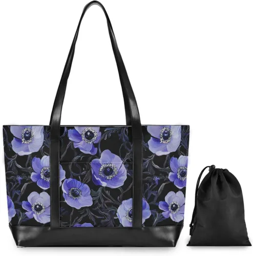 Vista 4 de Arte púrpura anémona flor negro esencial bolsa de computadora para las mujeres con cremallera bolsa de mano para viajeros con mujeres trabajo