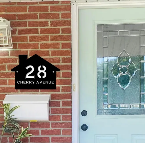Vista 3 de Letrero de número de casa con forma de casa contemporánea personalizada con números y nombre de calle, placa de forma de casa, placa de dirección