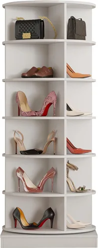 Vista 5 de HomVent Zapatero giratorio, torre giratoria de madera de 6 niveles, organizador de zapatos giratorio de 360°, estante de almacenamiento de zapatos