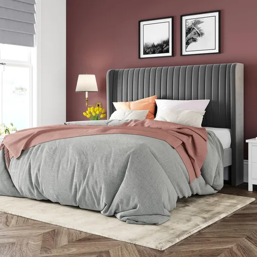 Vista 11 de Allewie - Base de cama tamaño Full con cabecera tapizada en terciopelo y diseño acanalado vertical; plataforma de cama tapizada; listones de madera