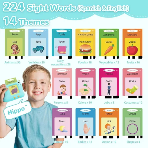 Vista 2 de Alotwan Tarjetas Didácticas Bilingües Parlantes Español/Inglés, Juguetes Sensoriales de Aprendizaje para Niños Autistas, 224 Palabras de Vista