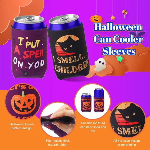 Vista 3 de 24 fundas para enfriar latas de Halloween – 12 onzas divertidas de calabaza y gato aislado para latas de cerveza, funda delgada para bebidas frías