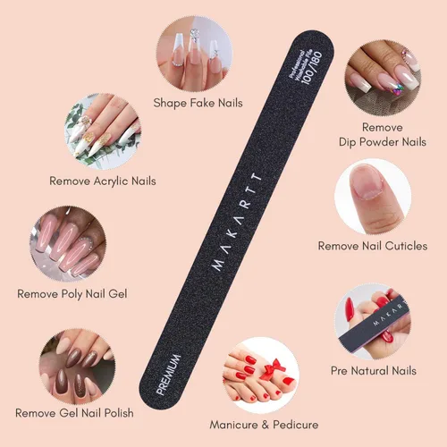 Vista 5 de Makartt Lima de uñas, tablas de esmeril de grano 100/180 para uñas, kit profesional de limas de doble cara lavables para lima de uñas media y suave
