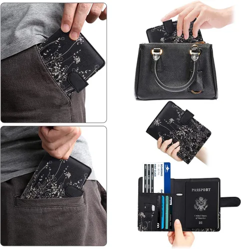 Vista 7 de WALNEW Funda para pasaporte, funda para pasaporte, tarjeta, cartera, C-black Flowers, Estilo C