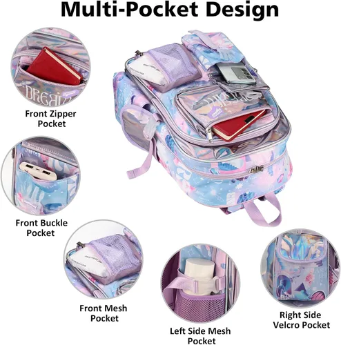 Vista 4 de Robhomily Mochila de 17 pulgadas para niñas con múltiples bolsillos, Hacer Magic-pink, Mochila escolar para niñas