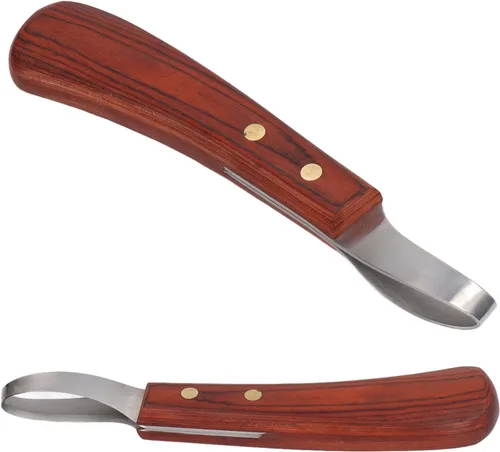 Vista 4 de Cuchillo de pezuña Farrier Loop Cuchillo ovalado de caballo Cuchillo de pezuña de goma Mango de madera multiusos Ganado Caballo Cortador de pezuñas