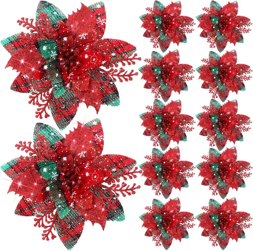 Vista 17 de Canlierr 12 piezas flores de Pascua de Navidad de 5.7 pulgadas con purpurina, flores artificiales con clips, adorno de árbol de Navidad para corona