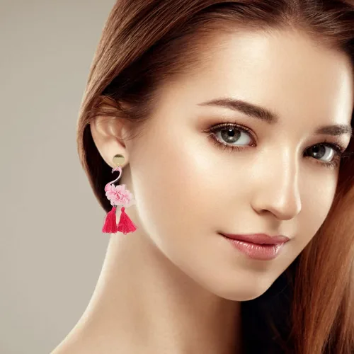Vista 3 de Holibanna 1 par de aretes de flamenco Luau Party Pendientes de flamenco Pendientes de gota de flamenco Aretes de pájaro flamenco para mujer, aretes