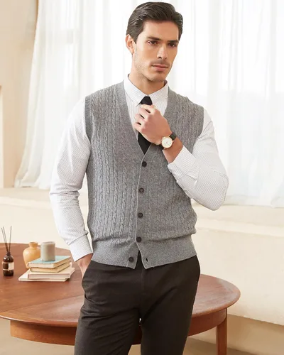 Vista 5 de Kallspin Suéter de punto trenzado para hombre, chaleco de mezcla de lana, cuello en V, con botones, sin mangas