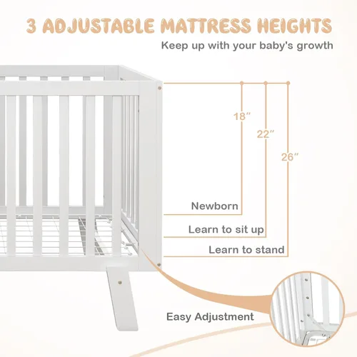 Vista 2 de BABY JOY Cuna de madera para bebé, cuna de madera de goma con base de soporte de colchón ajustable de 3 alturas y barandillas de longitud completa