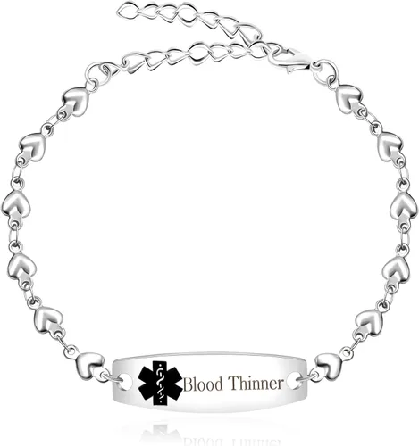 Vista 14 de Pulsera de símbolo médico de plata grabada con láser, alerta de salud grabada en forma de corazón, adecuada para primeros auxilios de emergencia
