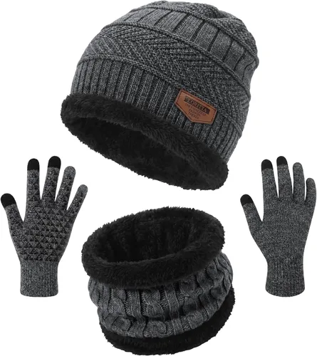 Vista 21 de Loritta Winter Hats for Men, 3 PCS Fleece Beanie Scarf Gloves Set A-Negro