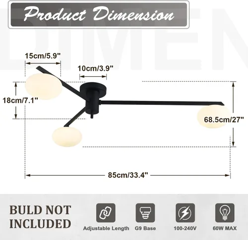 Vista 4 de Lámpara de araña moderna Sputnik de 3 luces con pantalla de vidrio lechoso - Lámpara de techo empotrada negra para cocina