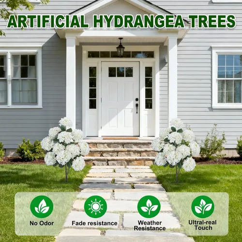 Vista 4 de GTIDEA Paquete de 2 hortensias artificiales de 3.5 pies para exteriores, árbol falso con espigas, arbustos de hortensias sintéticas, árbol de flores