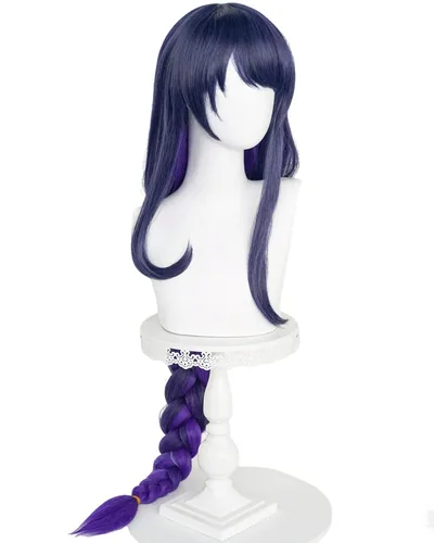Vista 2 de Half and Half Raiden Shogun - Peluca larga para cosplay, color morado oscuro, degradado, pelucas trenzadas de anime con flequillo, cabello sintético