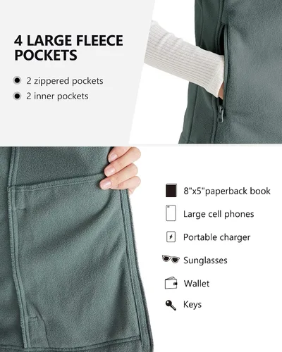 Vista 3 de Outdoor Ventures Chaleco de forro polar con cremallera para mujer, con bolsillos, cálido chaleco sin mangas para otoño e invierno