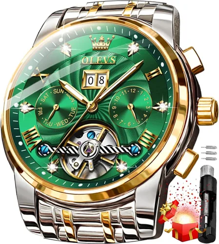 Vista 48 de OLEVS Relojes automáticos para hombre, oro de lujo, vestido de diamantes de cuerda automática, esqueleto mecánico, Tourbillon, reloj de pulsera