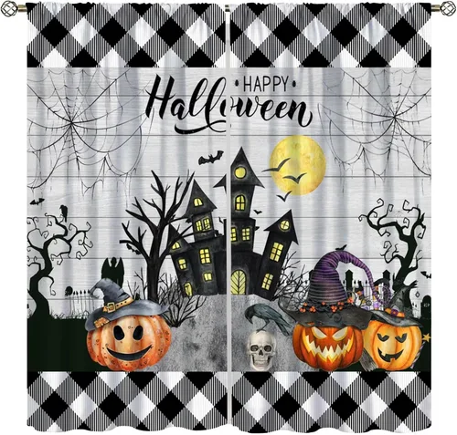 Vista 9 de Cortinas de Halloween naranja y negro de telaraña para sala de estar y dormitorio, decoración de panel de cortina de puerta para decoración