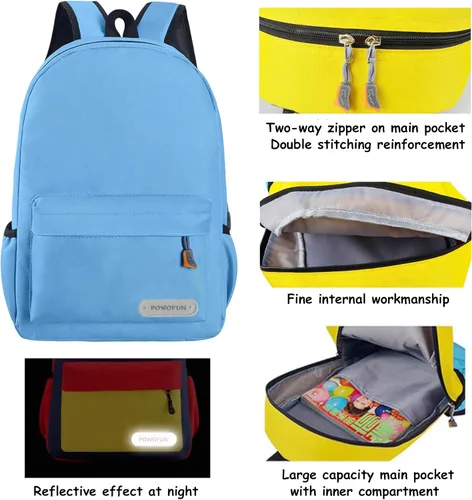 Vista 4 de POWOFUN Mochila para niños de 15 pulgadas, ligera, para escuela primaria, para jardín de infantes, mochila de viaje casual, Azul-cielo