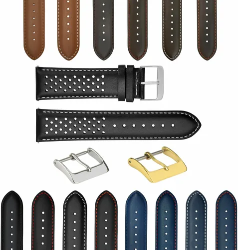 Vista 18 de Ewatchparts Correa de reloj de piel perforada de 18-19-20-21-22-0.906-0.945 in compatible con Rolex Quick Release Negro y dorado