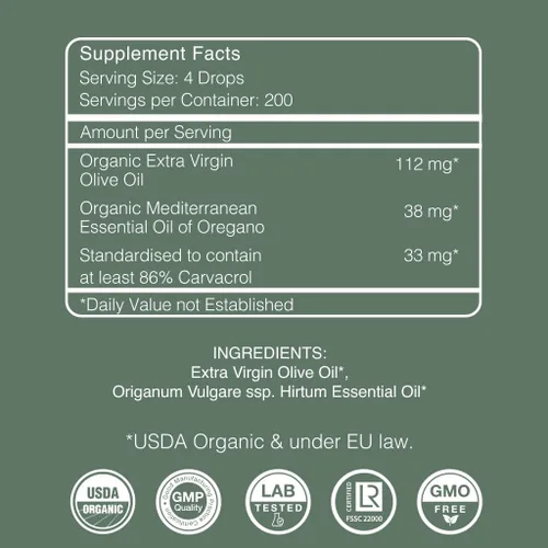 Vista 9 de Gotas de aceite de orégano Carvacrol 86-90% - Aceite de orégano líquido orgánico USDA - Dosificación flexible - Apoyo inmunológico y digestivo