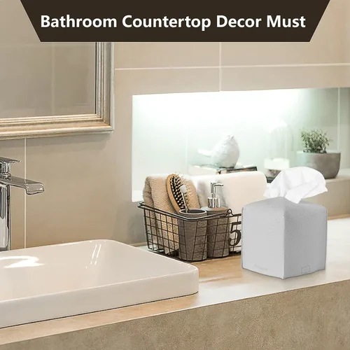 Vista 7 de 2 soportes para caja de pañuelos, cuadrado con cinturón inferior, cubierta de cubo de piel sintética, organizador decorativo para mesa, baño
