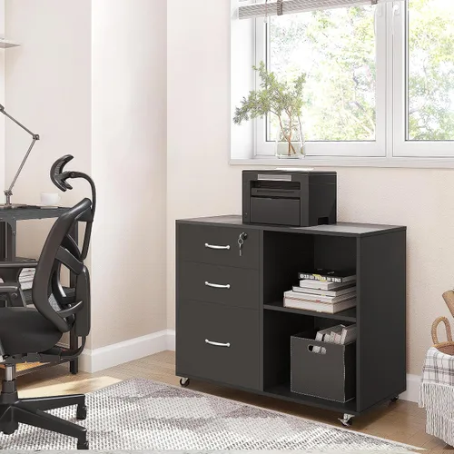 Vista 5 de Topeakmart Archivador negro con cerradura para letra A4, tamaño A4, archivador lateral de 3 cajones, soporte de impresora con compartimentos