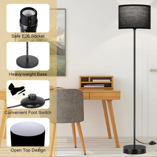 Vista 6 de Lámpara de pie negra de 65 pulgadas para dormitorio, sala de estar, lámpara de pie con pantalla negra, moderna lámpara de pie alta con bombillas E26