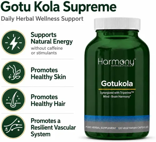 Vista 3 de Harmony Nutraceuticals Gotu Kola Supreme, Centella asiática con triperina, 120 cápsulas vegetarianas, fabricadas en Estados Unidos